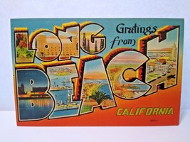 Greetings From Long Beach California Postcard Large Big Block Letter Ocean Boats - $11.88