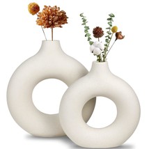 White Ceramic Vase, Modern Vase For Minimalist Decor, Hollow Round Matte Pampas  - £40.08 GBP