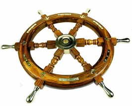 Vintage Ship Wooden Steering Wheel Brass Centre Antique Nautical Wall Decor - £116.93 GBP