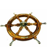 Vintage Ship Wooden Steering Wheel Brass Centre Antique Nautical Wall Decor - £115.58 GBP