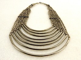 8-Strand Silver Tone Bib Necklace, Curved Metal Bars &amp; Beads, Vintage, #... - £15.39 GBP