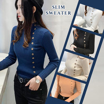 Women Warm Knitted Sweater Long Sleeve Buttons Turtleneck Slim Fit Tops ... - £10.71 GBP