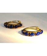Vintage 14K Yellow Gold Oval Blue Lapis Cabochon Multistone Hoop Earrings - £256.87 GBP