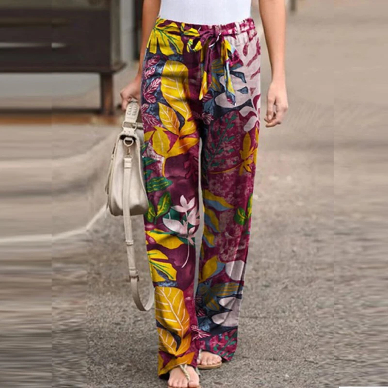 Women linen Pants Boho Ethnic Autumn Casual Drawstring Wide Leg Gypsy Hi... - $23.89