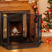 Foldable Fireplace Screen Arch 3-Panel Wrought Iron Metal Mesh Spark Guard Black - £55.87 GBP
