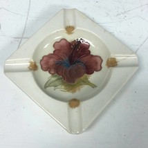 Vtg 60’s Moorcroft Pottery England Coral Hibiscus Flower Cream Square Ashtray - £51.38 GBP