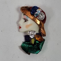 Vintage 1980s Woman Head Brooch Pin 2.5 Inch Total Length Gold Red Hat - $7.00