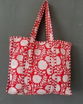 100% Pure Cotton Red Hand Block Floral Print Handmade Kantha Tote Shopping Bag - £37.58 GBP