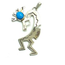 Vtg Signed Sterling Silver Native American Dancing Kokopelli Turquoise Pendant - £31.14 GBP