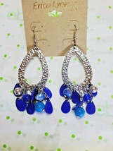Erica Lyons Silver Tone French Wire Dangle Drop Hammered Earrings Blue Beads Lg - £11.27 GBP