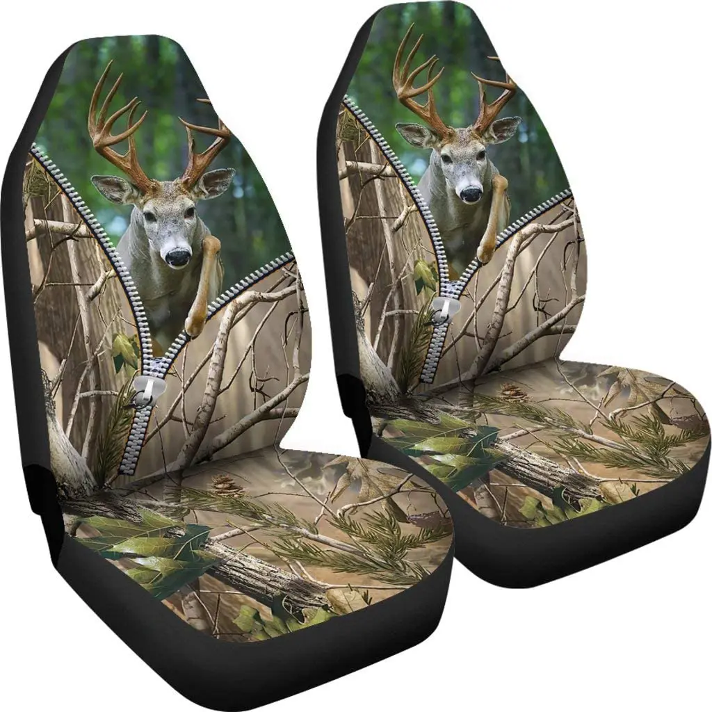  Deer Camo Camouflage Jumping Hunting Front Car Seat Covers, Car Seat Protector - £40.34 GBP