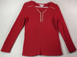 Liz Claiborne Sweater Womens Size Medium Red Knit 100% Cotton Long Sleeve V Neck - £17.67 GBP