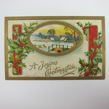 Christmas Postcard Snowy Bridge Houses Trees Holly Berries Gold Embossed Antique - £7.82 GBP