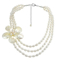 Glamarous Floral Shell on Triple Strand of White Pearls Layered Necklace - £38.13 GBP