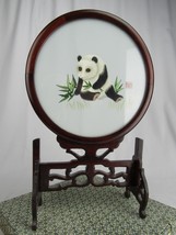 LARGE vintage antique Chinese Double Silk Embroidery Panda Wood Table Sc... - $93.49