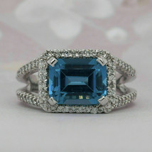 3Ct Smeraldo Taglio Topazio Blu e Diamanti Halo Fidanzamento Ring 14K Oro Bianco - £89.30 GBP