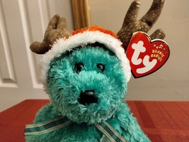 Ty Beanie Babies 2002 Green Plushy  Holiday Teddy Bear With Reindeer Hood, With  - £11.26 GBP