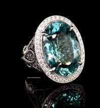 16.00CT Oval Cut Aquamarine &amp; Lab-Created 2.00CT Diamonds Halo Royal Hug... - £525.50 GBP