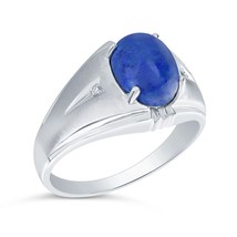 Sterling Silver Oval Cab 10 x 8mm Genuine Blue Lapis Lazuli &amp; Diamond Man&#39;s Ring - £58.94 GBP