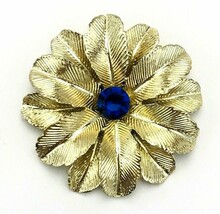 Vintage 60&#39;s Textured Gold Tone Leaf Blue Rhinestone Brooch - $17.82