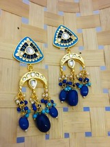 Antique Kundan Meena Chand Bali Traditional Ethnic Jewelry Earrings Blue Set - £27.72 GBP