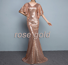 Golden Bat Sleeve Maxi Sequin Dresses Women Custom Plus Size Sequined Gowns image 12