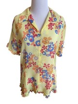 Yellow Floral Top Size Large SHEER Blouse Short Sleeve Button Down Ruffles - £14.01 GBP