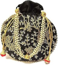 Women traditional handbag Potli wristlet with Pearls embroidery (Black) - £20.44 GBP