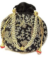 Women traditional handbag Potli wristlet with Pearls embroidery (Black) - £20.53 GBP