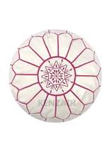 Moroccan leather pouf, round pouf, berber pouf, White with Pink embroide... - £54.13 GBP