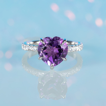 Minimalist Handcrafted Heart Shaped Purple Gemstone Natural Amethyst Silver Ring - £103.11 GBP