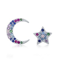 Sterling Silver Crescent Moon and Star Rainbow CZ Stud Earrings - $38.95