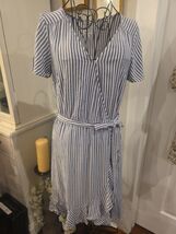 NAÏF Anthropologie Blue Striped Ruffle Wrap Belted Dress Size Medium Preppy - $29.70