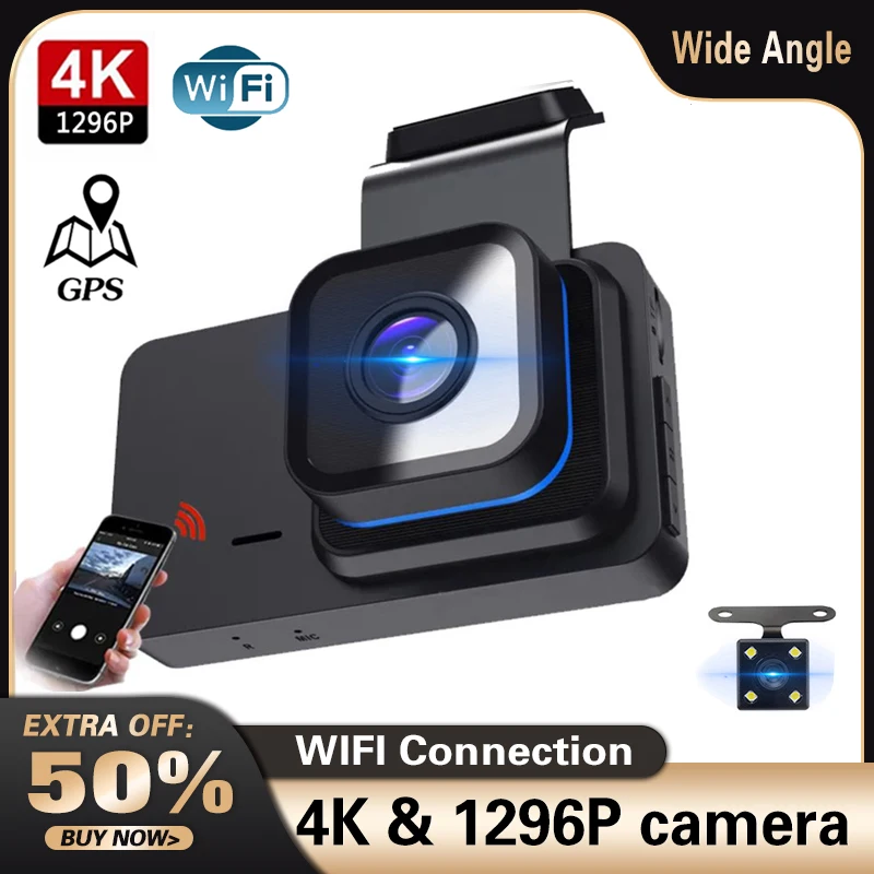 Car DVR Dashcam Wifi GPS 3&quot; IPS 4K&amp;1296P Dual Lens Rear View Dash Cam Auto - £68.20 GBP+