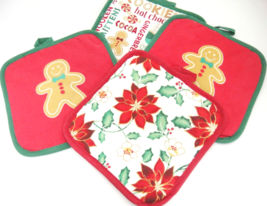 Christmas 4 Pot Holders Gingerbread Man Poinsettia Cookies Cocoa Red Gre... - $5.93