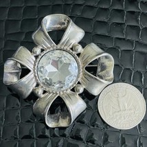 Vintage GIVENCHY Signed Clear Faceted Crystal Silver Bow Cross XL Pin Brooch - £74.46 GBP