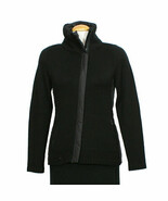 EILEEN FISHER Black Merino Wool Knit Parka Trim High Collar Zip Jacket XS - $231.48 CAD