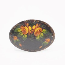 Eastern European Lacquer Brooch Floral Hand Painted Oval Brooch - £19.46 GBP