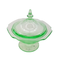 Vintage Green Uranium Vaseline Glass Footed Candy Dish With Lid Depression - £64.70 GBP