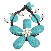 Handmade Turquoise/ Pearl Large Flower Organic Bracelet - £9.38 GBP