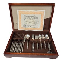 Antique Rogers Bros Reinforced Plate 48pc Flatware MCM Floral Pattern Wood Chest - £92.35 GBP