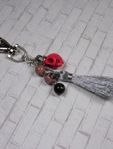 Pink Skull Howlite Rhodonite Rhinestone Keychain Purse Charm Handmade New - £12.96 GBP