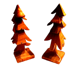 2  Small Wooden Trees 4&quot; Handcrafted Carved Brown Vintage - £26.08 GBP