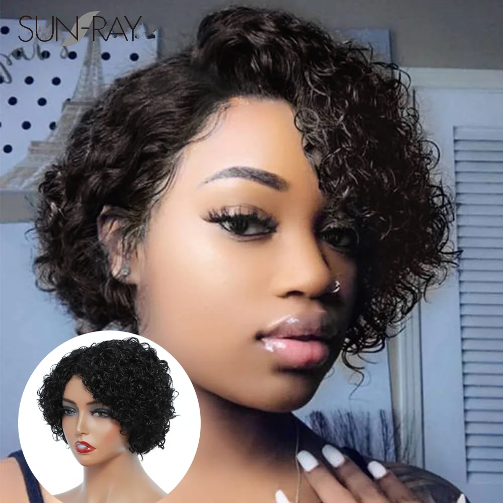 Short Curly Pixie Cut Human Hair Wigs For Women Remy Hair Glueless Cheap Side - £22.98 GBP+