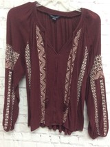 American Eagle Womens Burgundy Floral Embroidered Tassels Long-Sleeve To... - $14.84