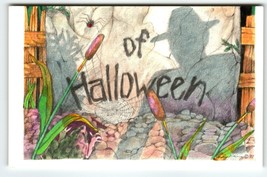 Shadow Of Halloween Postcard Witch Spider Webs Haunted Frog Flying Rabbit 1997 - $45.45