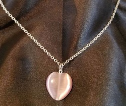 purple glass heart pendant necklace catseye silver chain jewelry - £4.02 GBP