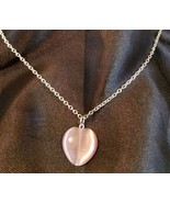 purple glass heart pendant necklace catseye silver chain jewelry - £3.98 GBP
