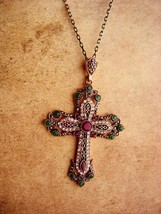 Gothic necklace - renaissance revival 3&quot; cross - faux emerald - rose gold plate  - £101.49 GBP