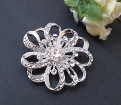 3pc Bridal Cake Round Clear White Rhinestone Brooch Pin 2-1/4&quot;/ 5.7 cm wide B158 - $10.99